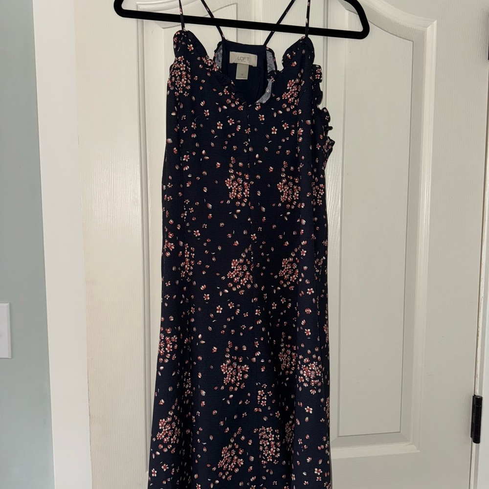 LOFT Navy Dress with Pink Floral Pattern